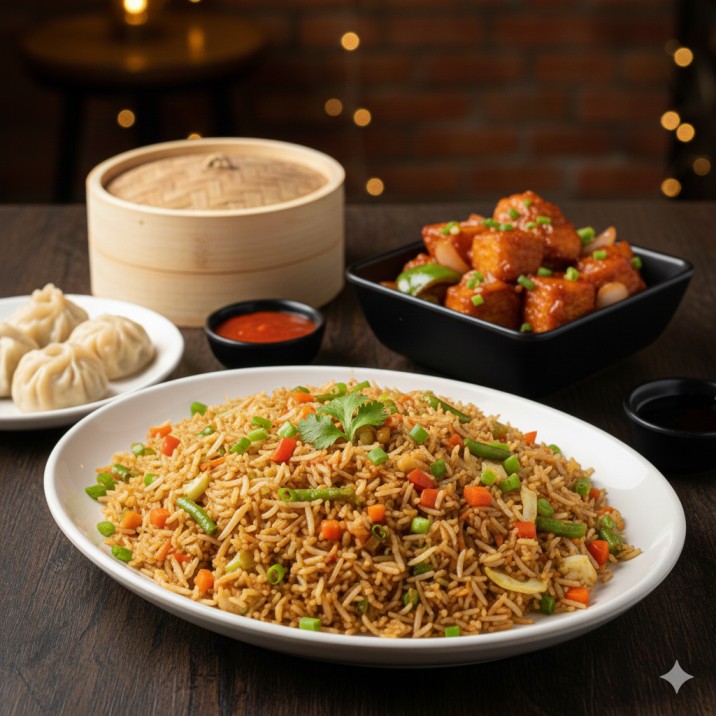Veg Fried Rice and Chilli Paneer and Veg Momo